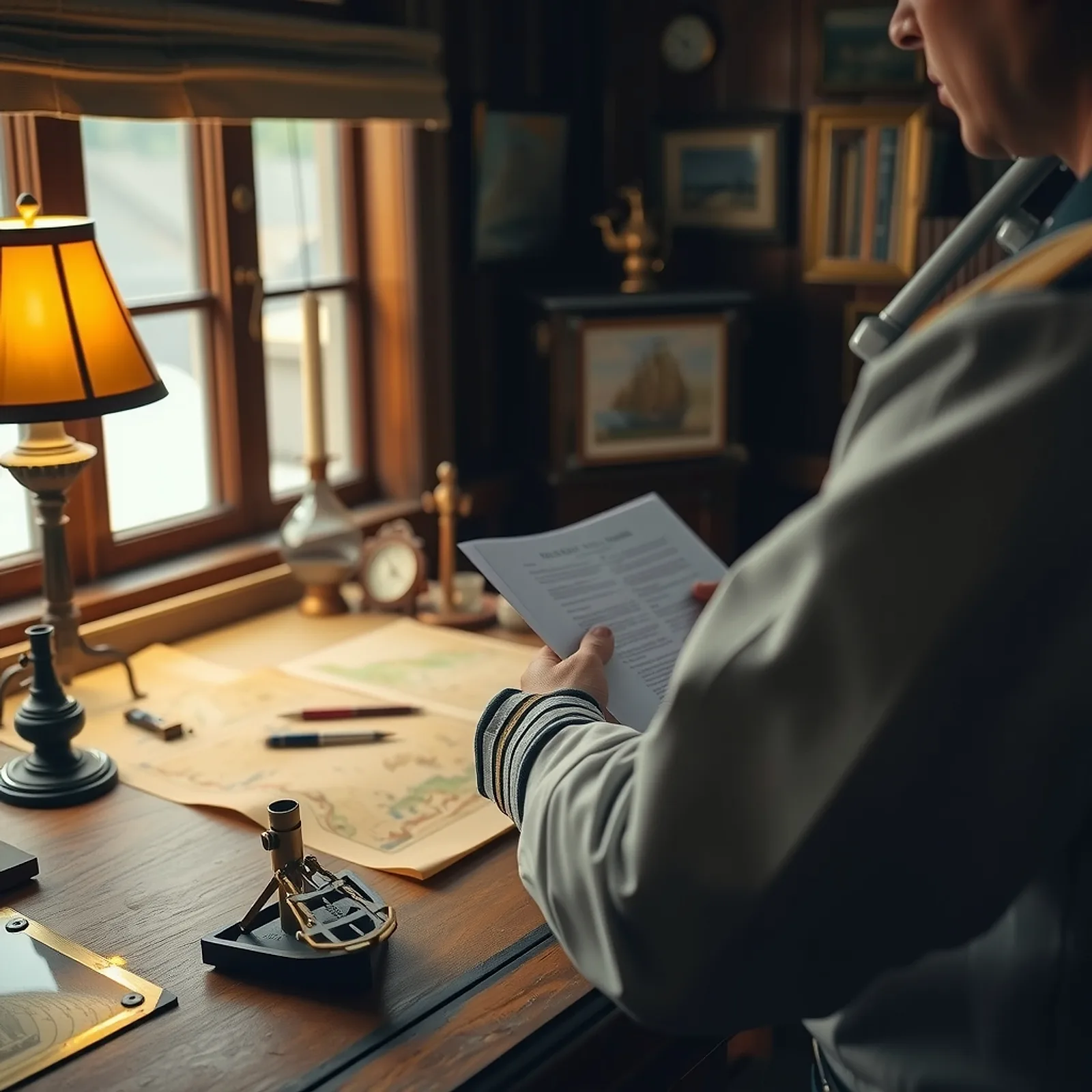 Captain's desk with charts and brass instruments