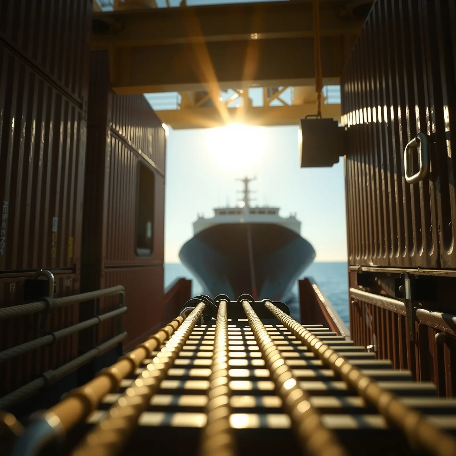 Containers lashed on a ship deck