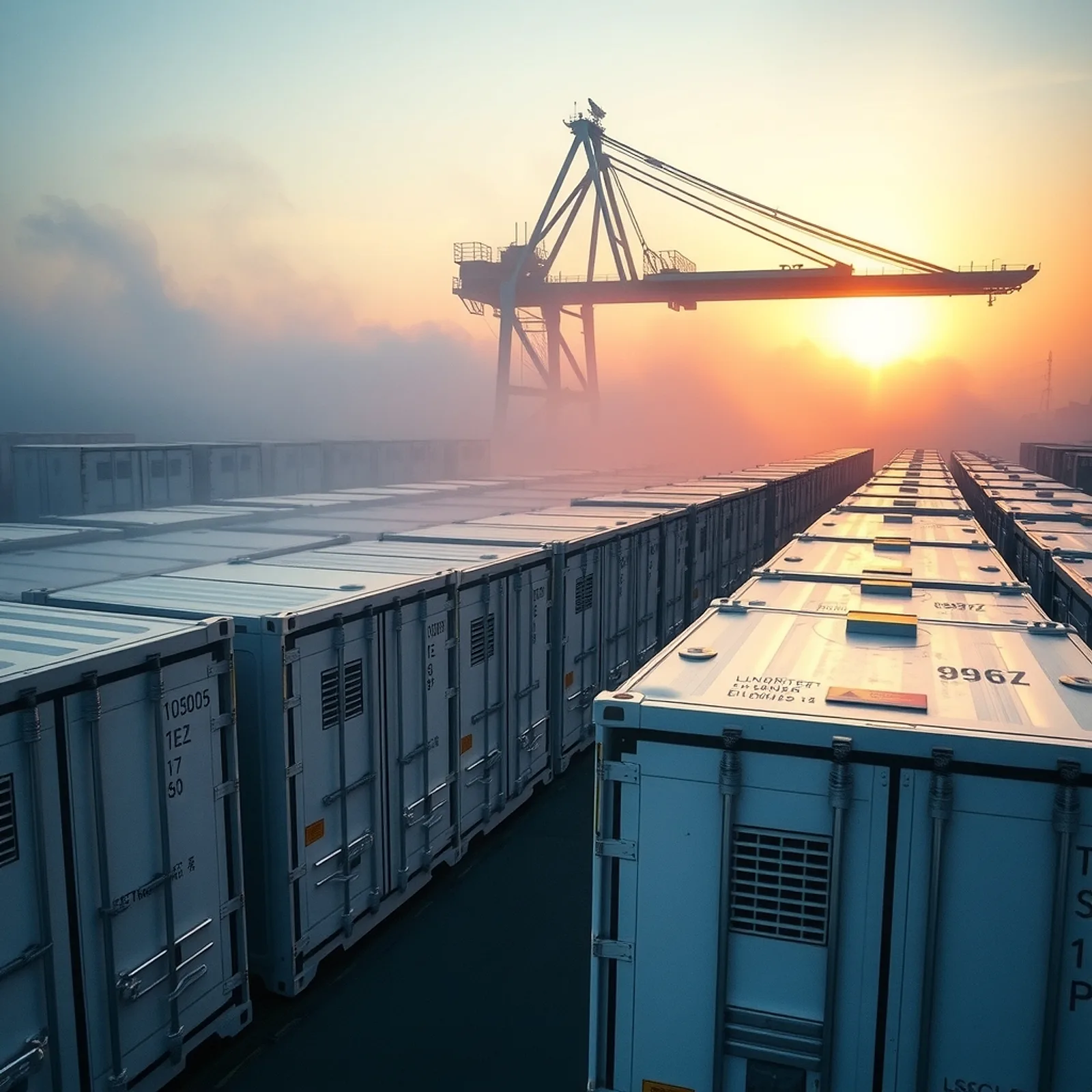 White refrigerated reefer containers at dawn with a gantry crane