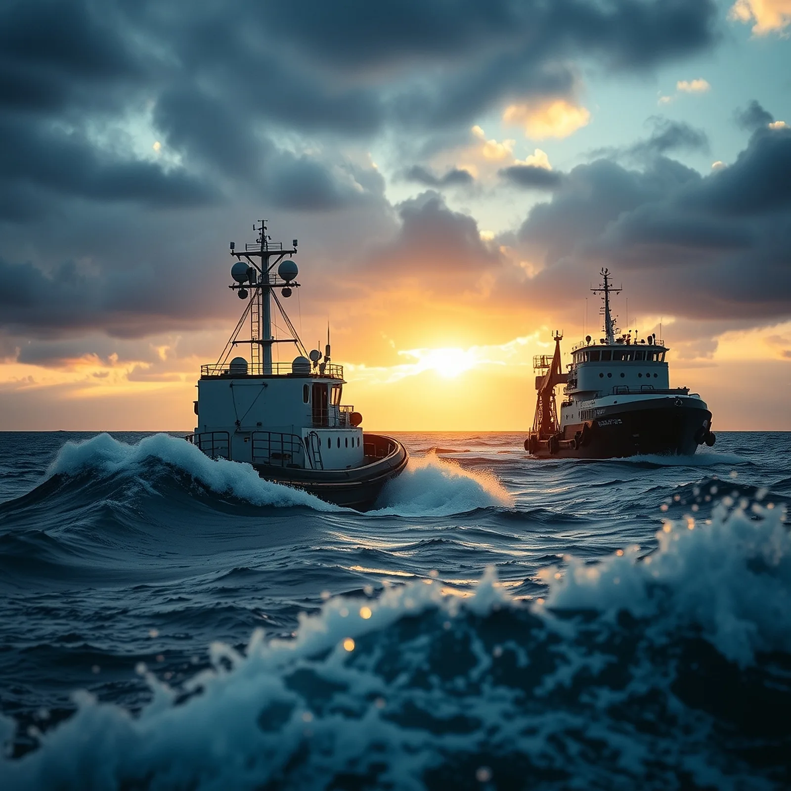 Harbour tug and offshore supply vessel in a choppy sea at dawn